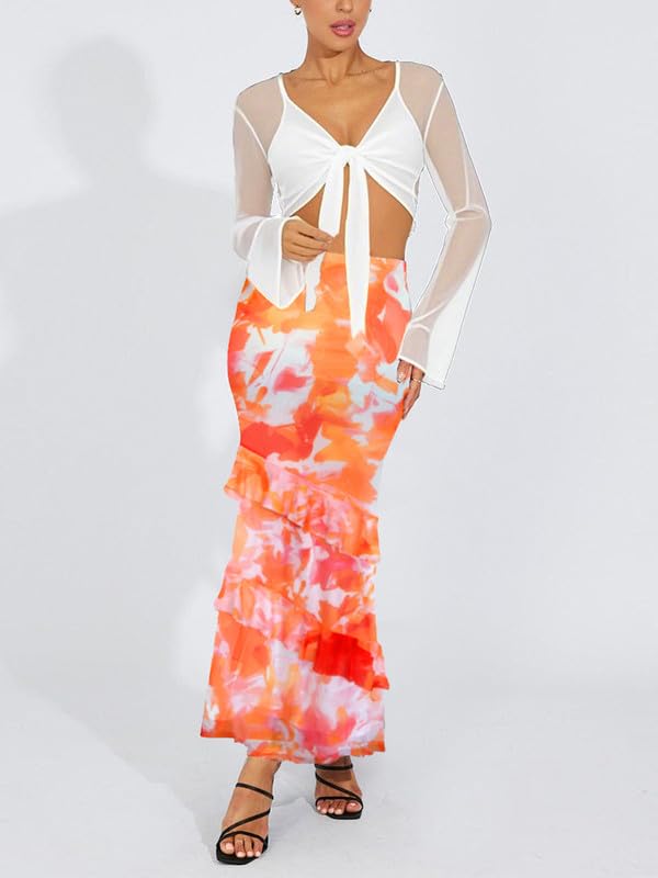WISFRUIT Women's Floral Print Mesh Maxi Skirt Tiered Ruffle High Waisted Flowy Summer Long Skirt4