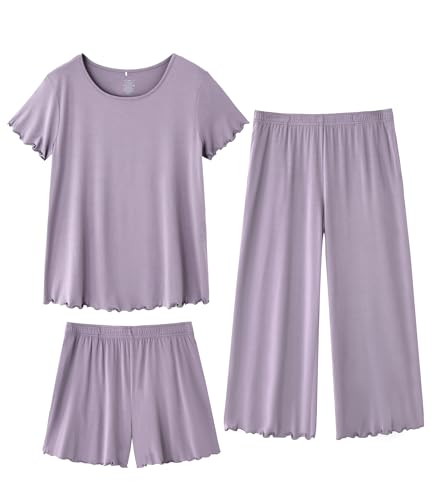 Image of WiWi 3 PCS Pajamas for Women Set Short Sleeve Pajama Sets Capri and Shorts Pj Sets Super Soft Cooling Sleepwear S-XXL