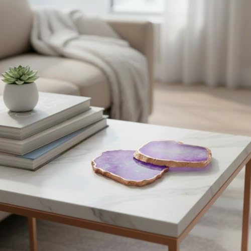 Image of Natural Agate Stone Tea Coasters Set | Premium Stone Coasters for Tea, Coffee & Glass | Heat Resistant Coasters for Dining Table, Office Desk & Home Decor | Pack of 2 | Color -Purple