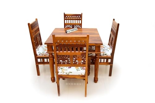 Image of BN Furniture Solid Sheesham Wood 4 Seater Dining Table Set | 34x34 Inch Square Table | Honey Finish Wooden Dining Set with Floral Cushioned Chairs for Home & Apartment