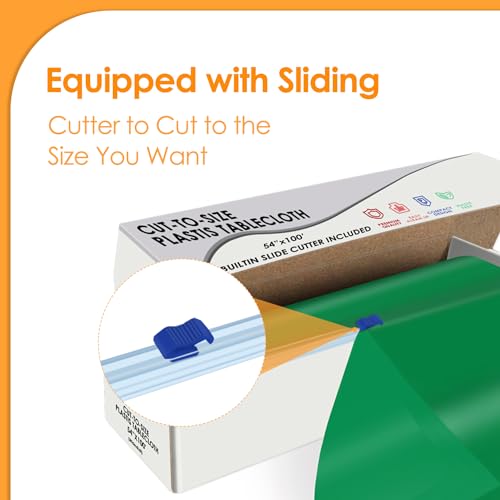 Image of tujol Green Disposable Plastic Table Cloth Roll 54 inch X 100', Plastic Table Cover with Cutter Box, Cut to Size Disposable Tablecloth for Parties