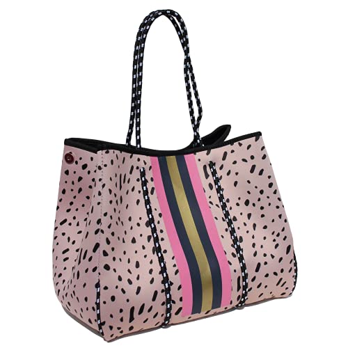 Leopard Neoprene Tote | Beach Tote, Gym Bag | Matching Zipper Pouch Included | Tan with Black Dots Design4