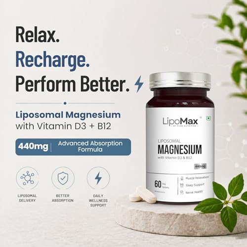 Image of LipoMax Liposomal Magnesium Glycinate Supplement 440mg With Vitamin D3 & B12 | Magnesium Tablets For Muscle Relaxation, Sleep Support & Nerve Health - 60 Veg Tablets