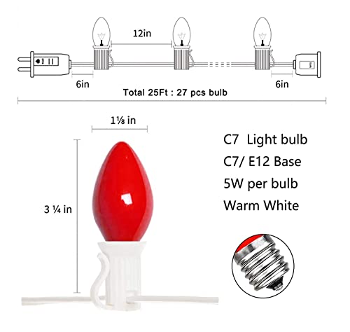C7 Christmas Lights Outdoor, 25Ft Vintage Christmas String Lights With 27 C7 Red Ceramic Bulbs (2 Spare), Connectable Christmas Lights For Holiday Patio Prom Roofline Party Wedding Decor, White Wire #TOP1