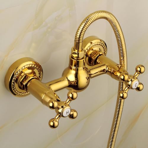 Mitigeur de douche rétro double levier pour baignoire or noir mural - 6
