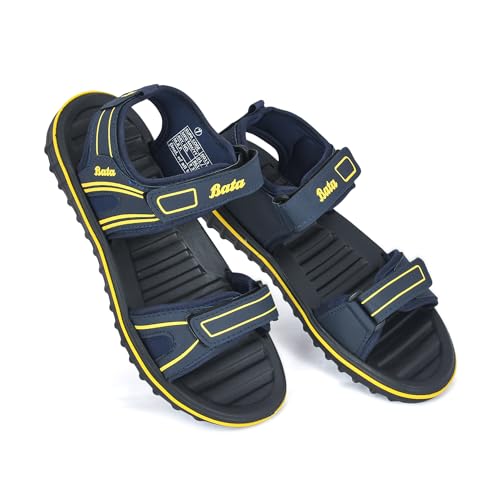 Image of Bata Men's Sports Sandals, Dual Velcro Strap, Textured Sole (BLUE /YELLOW, UK Footwear Size System, Adult, Men, Numeric, Medium, 10)