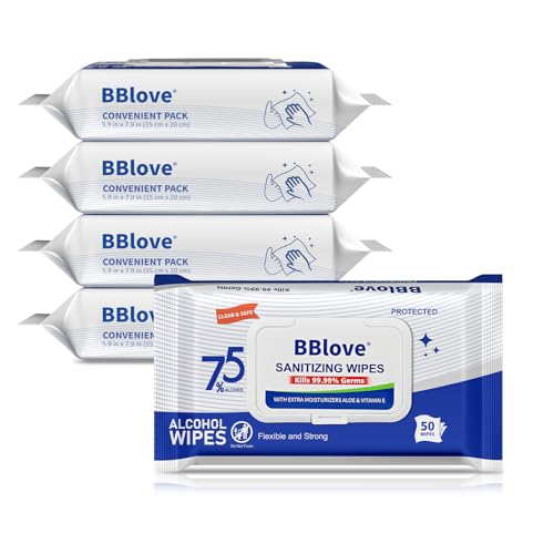 BBlove 75% Alcohol Unscented Sanitizer Wipes Moisturizing Hand Sanitizing Wet Wipes with Aloe Vera 200-Count Bulk Pack with Travel-Friendly Design 50 Count x 4 Packs