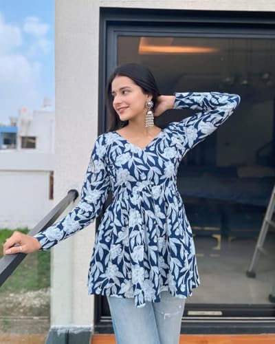 Image of Women's Floral Print Reyon Peplum Top - Casual Loose Fit 3 /4 Sleeve Tunic top, Stylish V-Neck Flared Kurti, Comfortable Everyday Wear