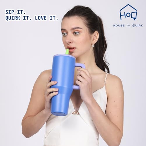 Image of House of Quirk 1200ML Tumbler with Handle & Simple Flip Straw - Car Cup Holder Friendly, Leak Resistant Stainless Steel Water Bottle with Rubber Base (Lime Rickey)