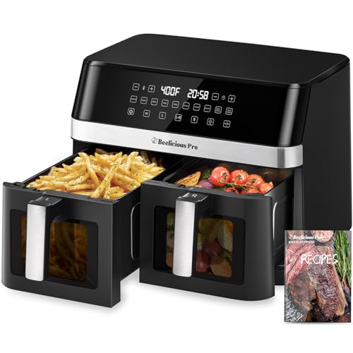 Image of 12QT Large Dual Air Fryer, 10-in-1 Double Zone Airfryer with 2x6QT Baskets, 60 Easy-Panel with Full Touchscreen, SyncCook Function, Viewing Window, Nonstick & Dishwasher Safe, 2 Dishes at Once, Black