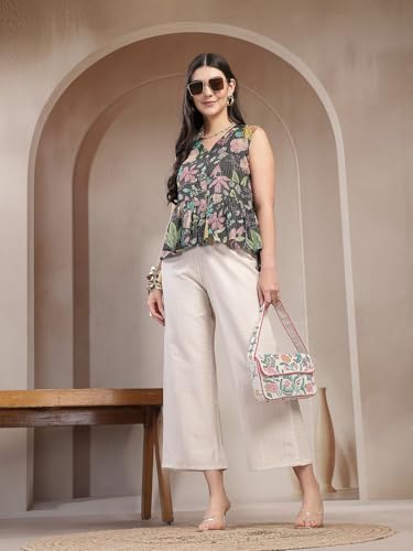 Image of Stylum Women's Black Floral Printed Katha Cotton Short Kurti Palazzo Set