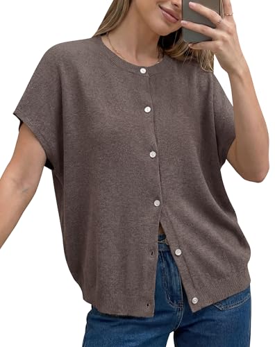 Arach&Cloz Womens Summer Short Sleeve Cardigan Oversized Wool Blend Knit Lightweight Business Casual Crew Neck Button Up SweatersTops 2026 Fashion Capsule Wardrobe Outfits Coffee M