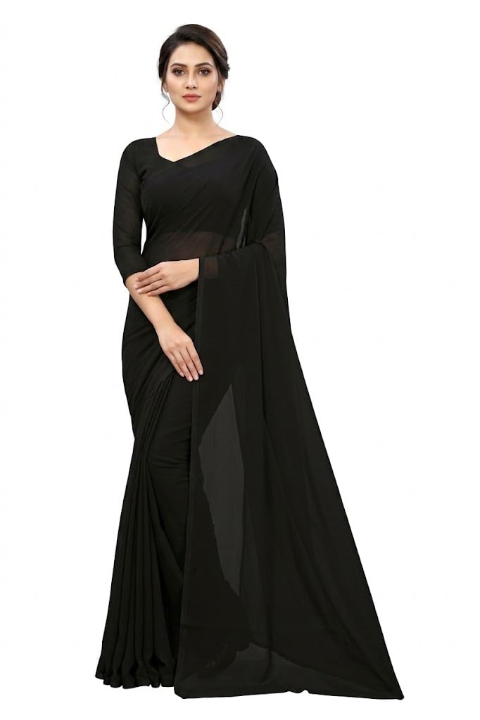 fancynine Women's Elegant Black Chiffon Saree with Unstitched Blouse Piece, Solid Colour, Lightweight Flowy Fabric, Festive and Casual Occasions-picture-24