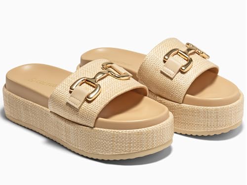 Image of Coutgo Womens Platform Sandals Raffia Espadrilles Metal Chain Slip on Open Toe Cute Beach Slide Sandals