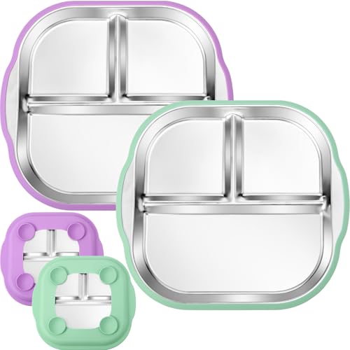 Image of BUSOHA 2 Pack Stainless Steel Kids Plate with Suction - 9.4"X 8.6" Divided Toddler Baby Plates with Silicone Sleeves Non-Slip 2-in-1 Anti Breakage Metal Toddler Bowls