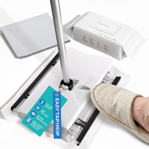 EASY TAP MOP Hands-Free Flat Floor Mop & Sweeper - Foot-Tap Lock System Compatible with Most Pads - 360 Swivel & Adjustable Aluminum Handle - Includes Baking Soda Wet Wipes & 3D Microfiber Cloth