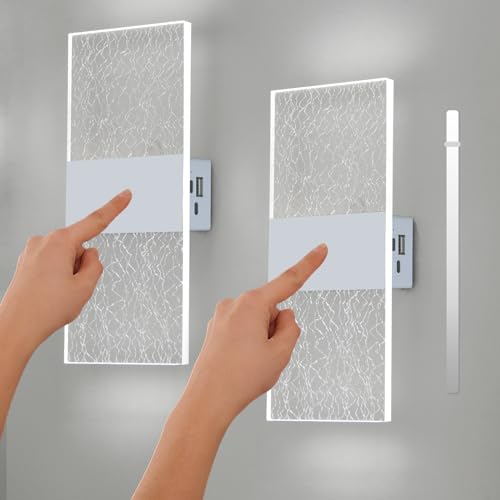 VOMI Applique da Parete Interno a Batteria con Interruttore e Porta di Ricarica USB, 2 Pezzi Bianco Lampada da Parete LED Senza Fili Ricaricabile Luce Magnetica, 3 Luminosità Regolabili, 6000K