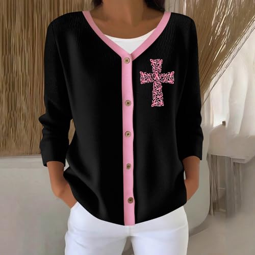 Black 5XL Women's Cardigan Sweater with Breast Cancer Print and Color Block Design - Image 3