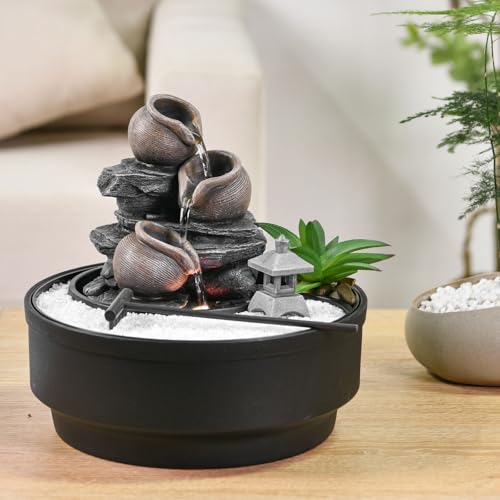 Zimmerbrunnen für den Garten, Zen, Wasserfall, Glas, buntes LED-Licht, Dekoration für entspannte Atmosphäre, Garten, Zen weißer Sand, Tischbrunnen, geschlossener Kreislauf, H21 cm – Oasis Zen'Light