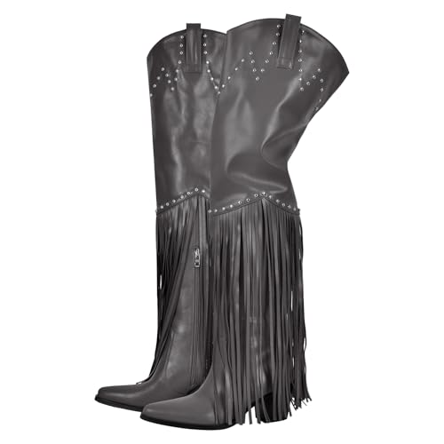 Image of richealnini Western Thigh High Cowboy Boots with Fringe Over Knee Wide Calf Cowgirl Boots