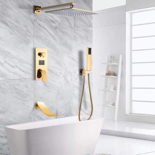 Ensemble de douche mitigeur pluie doré avec affichage numérique et cascade - 3