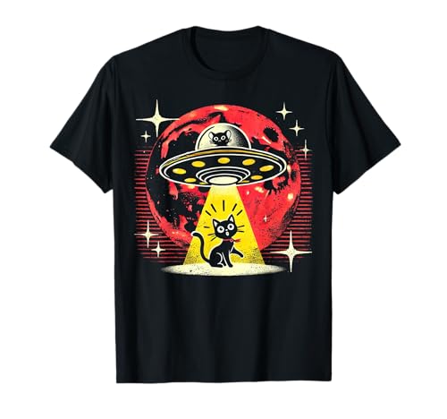 Funny Cat Alien Abduction Retro UFO Encuentro Ciencia Ficción Camiseta