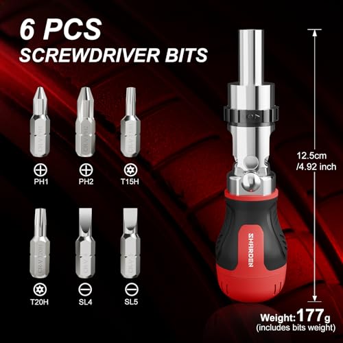 Image of SHARDEN 8 in 1 Stubby Ratcheting Screwdriver Multi Screwdriver Tool All in One with 6 CRV Bits Phillips, Slotted, Torx,180 Degree Pivoting Adjustable Angle Screw Driver Set for Tight Spaces