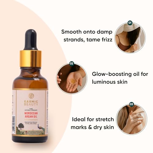 Image of Karmic Beauty 100% Pure Moroccan Argan Oil | Pure, Natural, Cold Pressed & Organic | USDA Certified | Lightweight, Non-Greasy & Luxurious Oil | Ideal for all Hair, Face, Skin & Body Types | 50 ml