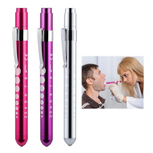3 Stück Set Pupillenleuchte in Lila, Rosa, Silber, LED Taschenlampe Augenleuchte, Tragbare Lichtgriffel mit Taschenclip, Lineal, Pupillenmessgerät Pupillenleuchte Pflege Zubehör