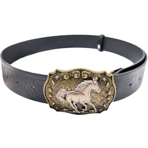 Cowboy Buckle Belt Western Leather Horse Head Buckle Peony Pattern Belt for Men Women Engraved Floral Horse Belt for