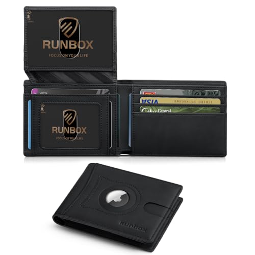 RUNBOX Airtag Wallet for Men 15 Cards Wallets Slim Rfid Leather 2 ID Window With Gift Box
