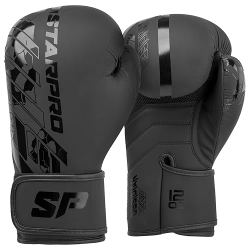 Starpro Obsidian mattsvarta boxningshandskar - Fuax läder - Tränings-, sparring- och kickboxningshandskar för män och kvinnor - 8 oz 10 oz 12 oz 14 oz 16 oz (Matte svart, 16oz)