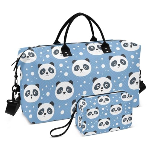 Head Panda Blue Polka Dot Travel Duffle Bag Gym Bag Weekender Bags with Toiletry Bag Travel Trip Tote Bag