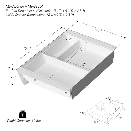 Image of White Under Desk Drawer with Removable Tray, 15.4 inch Wide 2-in-1 Organizer - 60 Ergonomic Tilt, 4-Compartment Insert for Pens, Phones & Cables, Ball Bearing Slides, for Home Office & Student Desk