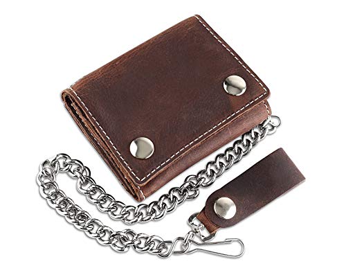 Image of RFID Blocking Men's Tri-fold Vintage Biker Cowhide Leather Steel Chain Wallet,Snap closure, Made In USA,Antique crazy horse brown,dc315
