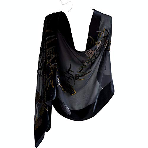Silk Base Burn-out Velvet Shawl, 72" L x 21" W, Reed Catkin, Black Gold4