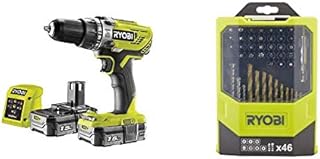 Ryobi 18 V ONE+ Cordless Combi Drill Starter Kit and Mixed Drilling and Driving Bit Set, 46 Piece