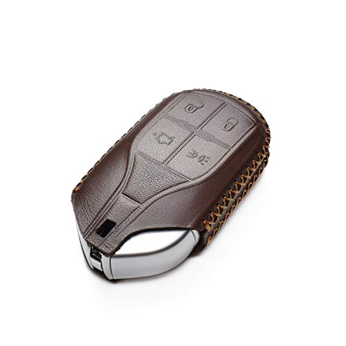 Image of Vitodeco Genuine Leather Smart Key Fob Case Cover Protector with Key Chain Clip - Compatible for Maserati Ghibli, Levante, Quattroporte - Light Button, Brown