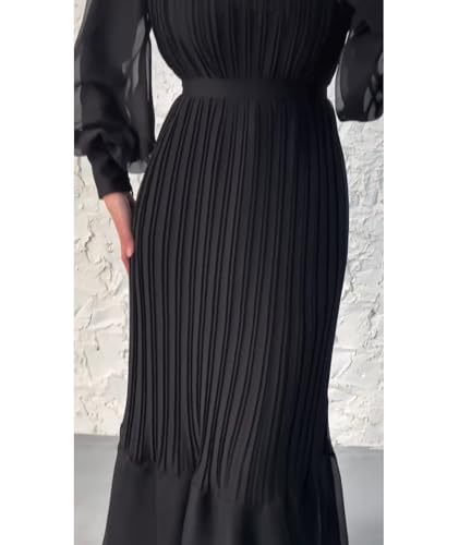 Sexyshine Women's Mock Neck Long Sleeve Full Pleated Chiffon Maxi Dress High Waist Belted A Line Cocktail Party Long Dress4
