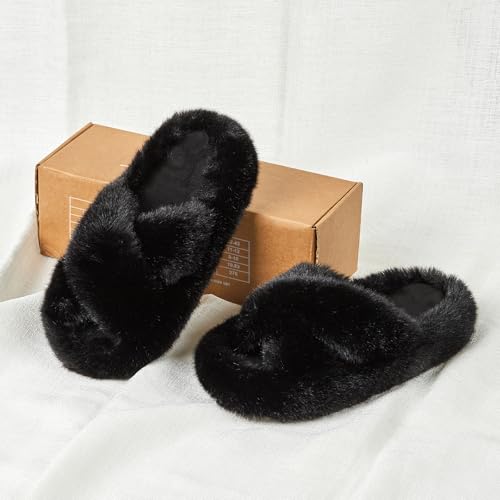 Image of Women's Slippers, Black Cross, Size 8-9, Memory Foam, Faux Fur, Flat Heel, New Year, Solid, Plush, Round Toe