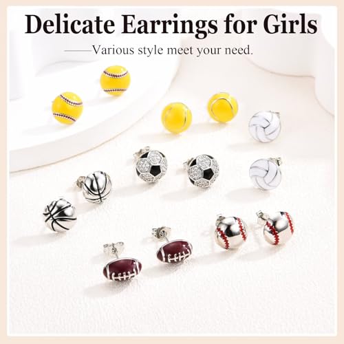 Sports Earrings for Teen Girls Gifts Volleyball/Softball/Baseball/Soccer/Tennis/Football/Basketball Hypoallergenic Sterling Silver Stud Earrings Jewelry Gift3