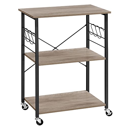 VASAGLE Carrello da Cucina con Rotelle, Carrello di Servizio con 3 Ripiani, Scaffale per Microonde, Forno, Tostapane, Struttura Metallica con 6 Ganci, Greige e Nero KKS060B02