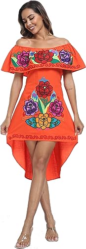 Image of YZXDORWJ Women's Mexican Asymmetrical Dress Embroidered Floral Off-Shoulder Cocktail Latina Fiesta Dress