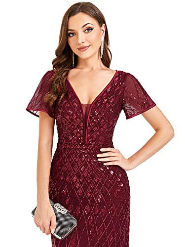 Ever-Pretty Women's Deep V-Neck Short Sleeves Open Back Fishtail Sparkle Formal Dresses Burgundy Us6 #TOP4