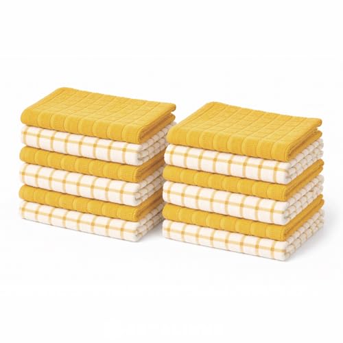 Sedalinne Juego 12 Paños de Cocina Premium Cuadros/Lisos - Tamaño 50x50 cm - 100% Algodón - Muy Absorbentes - Trapos Cocina. Color Amarillo