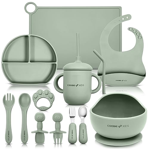 Baby Silicone Feeding Set - Self Feeding Tableware Set For Babies And Toddlers. Divided Suction Plate, Suction Bowl, Adjustable Bib, Placemat, Weaning Spoon And Forks, Kids Spoon + Fork (Green V2)