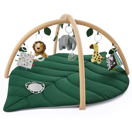 Image of Blissful Diary Baby Play Gym & Activity Mat, Oversize Leaf Shaped Tummy Time Baby Play Mat w 6 Detachable Toys Promotes Motor Skills & Sensory Development, Newborn Infant Essentials Gift, Forest Green
