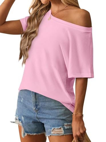 Image of Hilinker Womens Sexy Off The Shoulder Tops Short Batwing Sleeve T Shirt Oversized Casual Tee