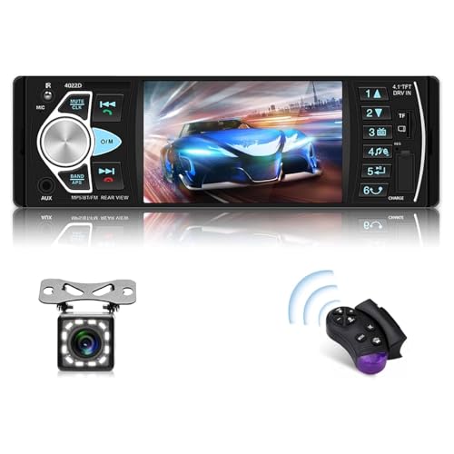Podofo 1 Din 4.1 Pollici Autoradio con Schermo HD con kit Vivavoce Bluetooth/USB/FM/SD/AUX/Telecamere di Retromarcia (12 luci)/ Telecomando al Volante