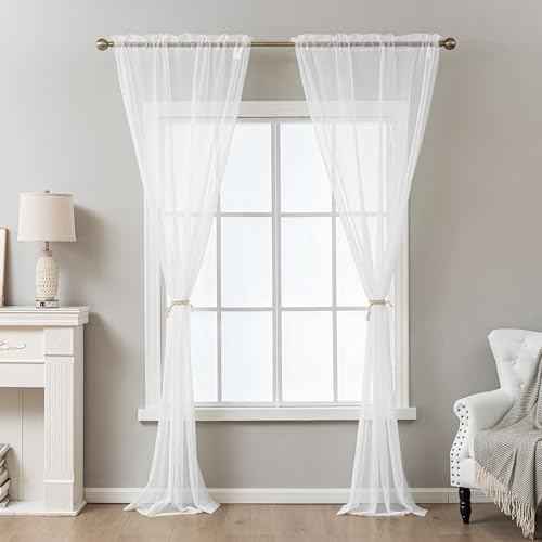Image of White Sheer Curtains 54 Inch Length, Privacy Semi Sheer Curtains for Dining Room Kitchen, Light Filtering Rod Pocket Voile Window Drapes 2 Panels Set, Each 42 inch W x 54 inch L
